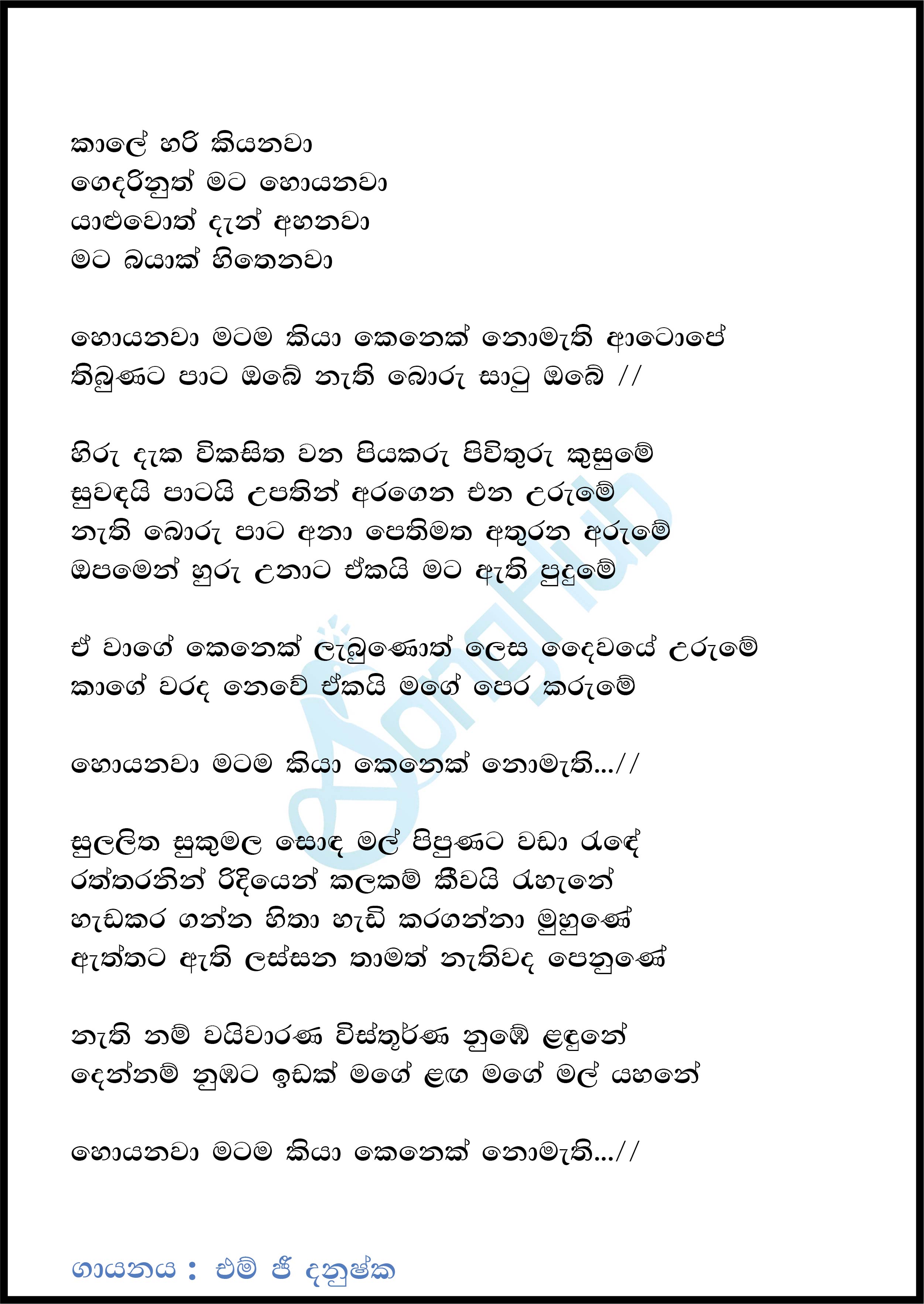 Hoyanawa Matama Kiya Lyrics