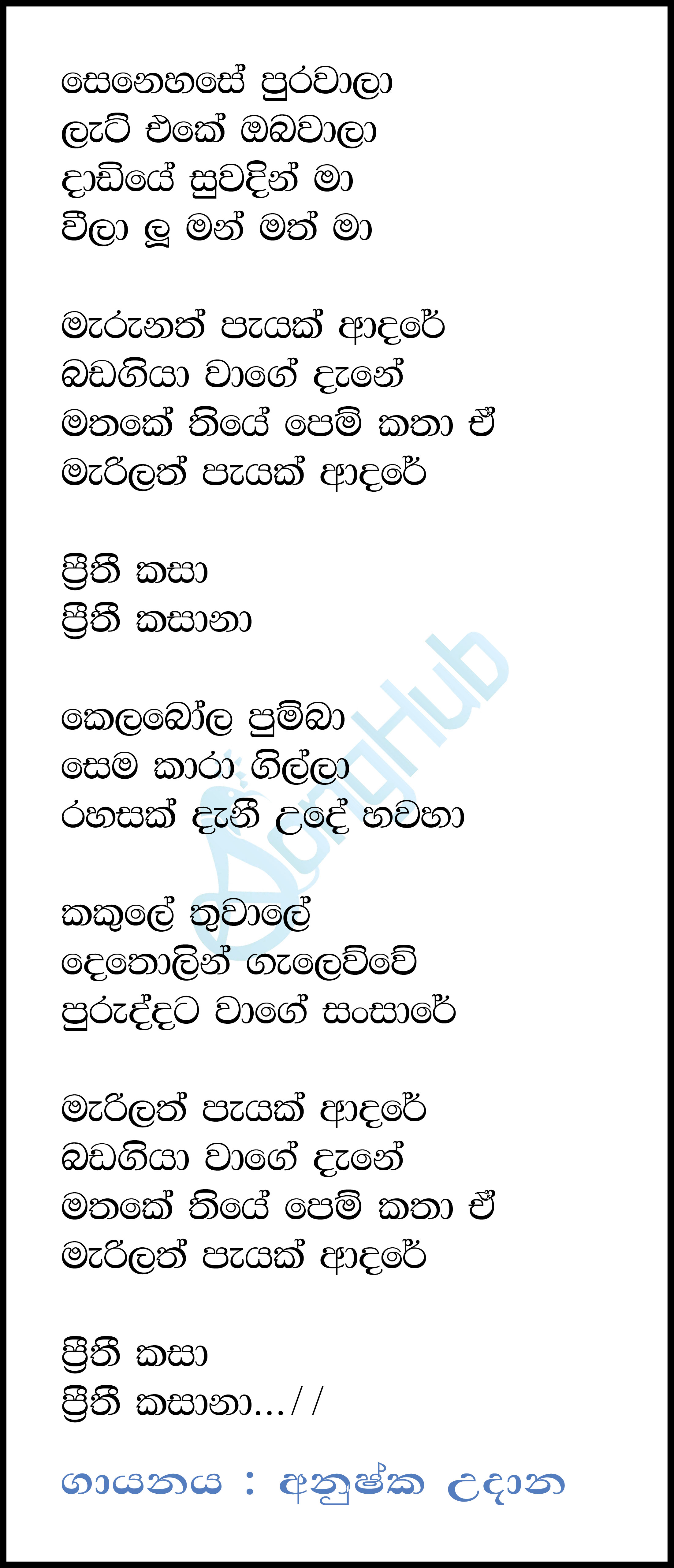 Senehase Purawala (Mahagedara) Lyrics