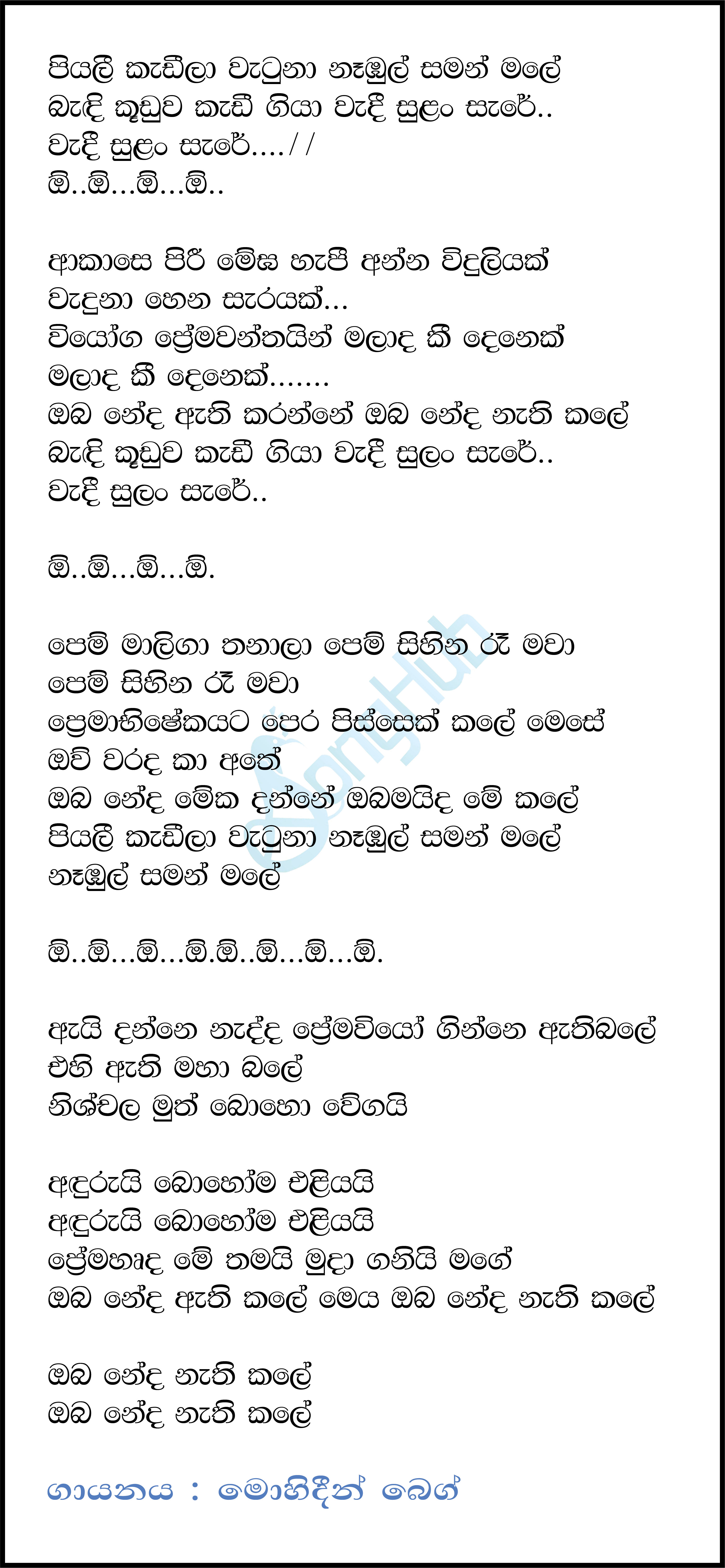 Piyali Kadila Watuna Lyrics