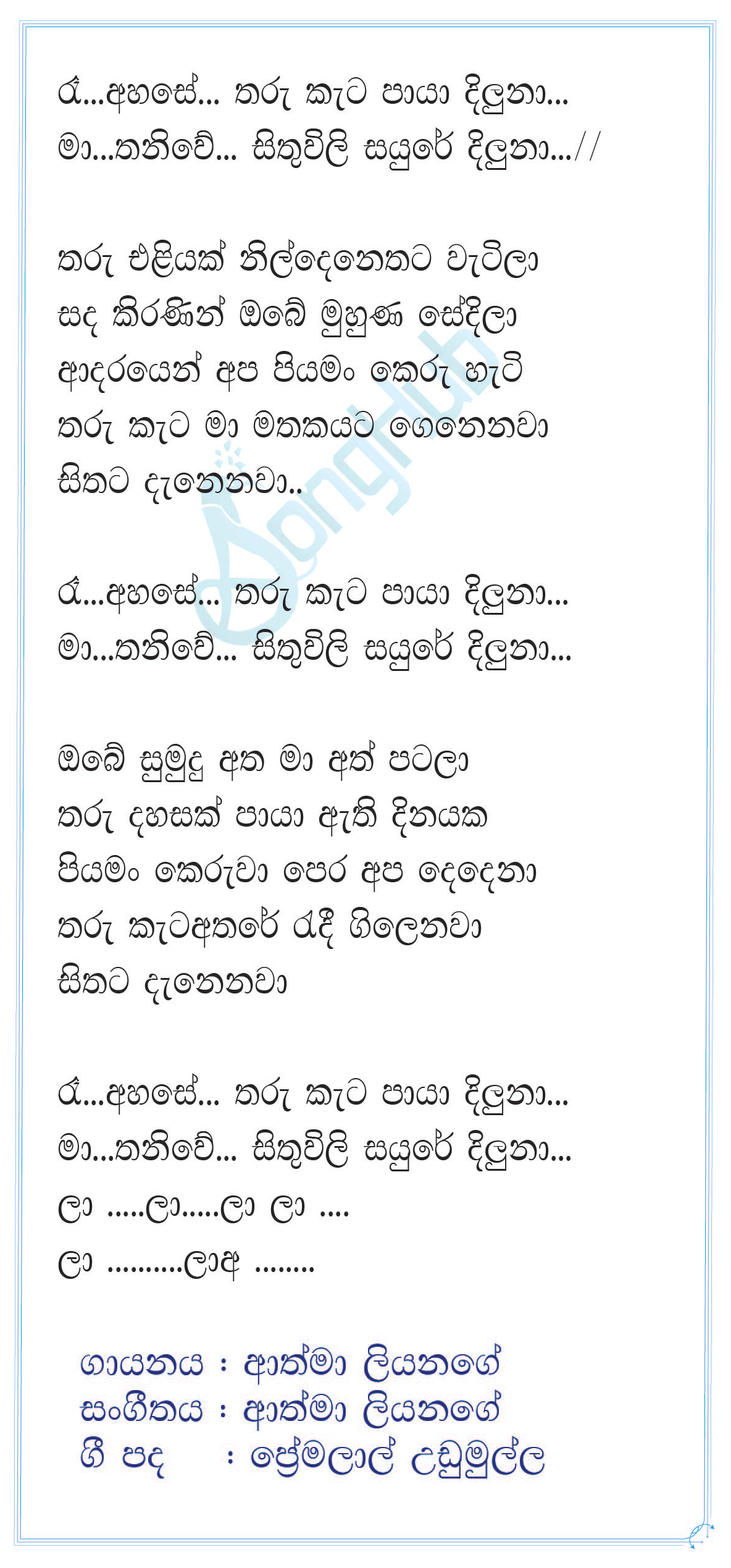 Raa Ahase Tharu Kata Paya Diluna Lyrics