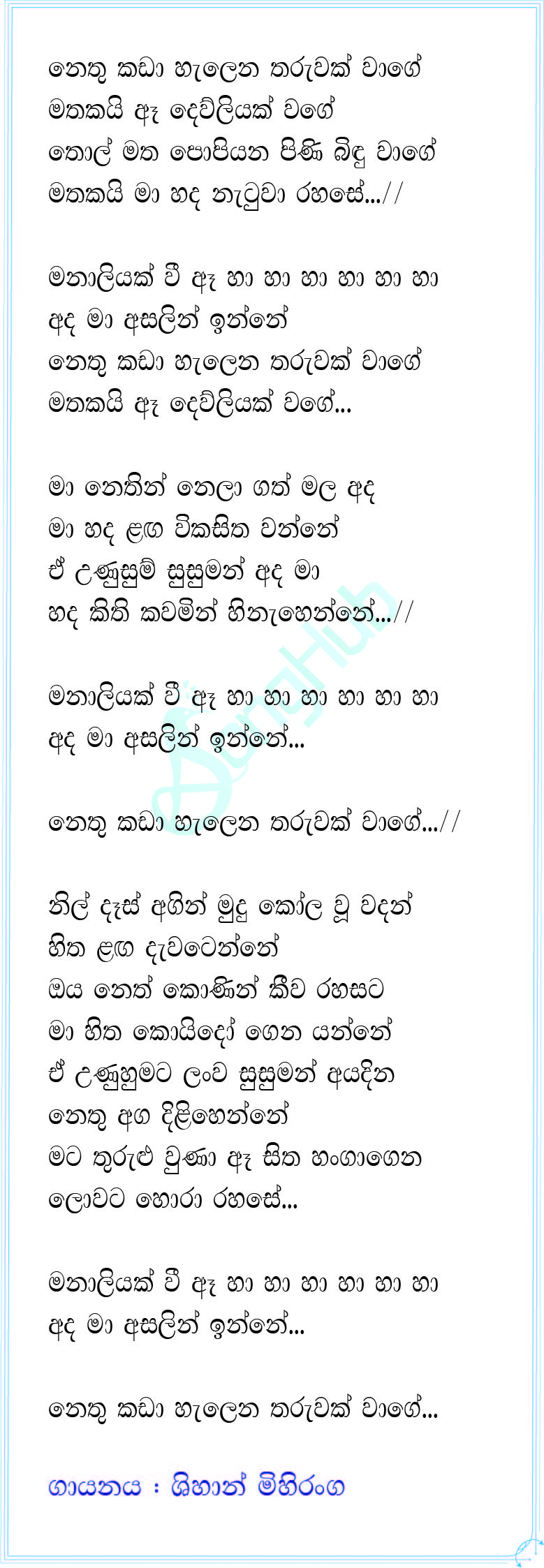 Nethu Kada Halena (Manaliyak) Lyrics