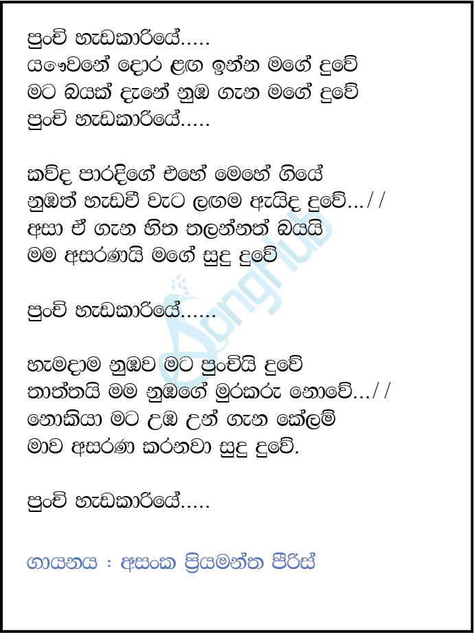 Punchi Hadakariye (Cassette Eka) Lyrics