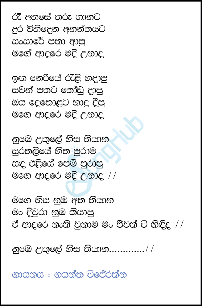 Ra Ahase Tharu (Acoustica Unlimited) Lyrics