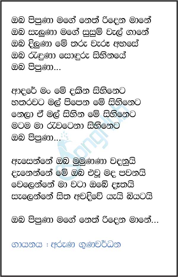 Oba Pipuna Mage Neth (Ma Nowana Mama) Lyrics