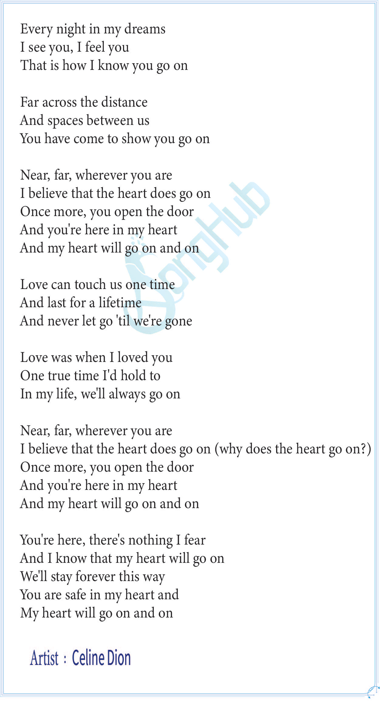 My Heart Will Go On (The Voice Teens Sri Lanka) Lyrics