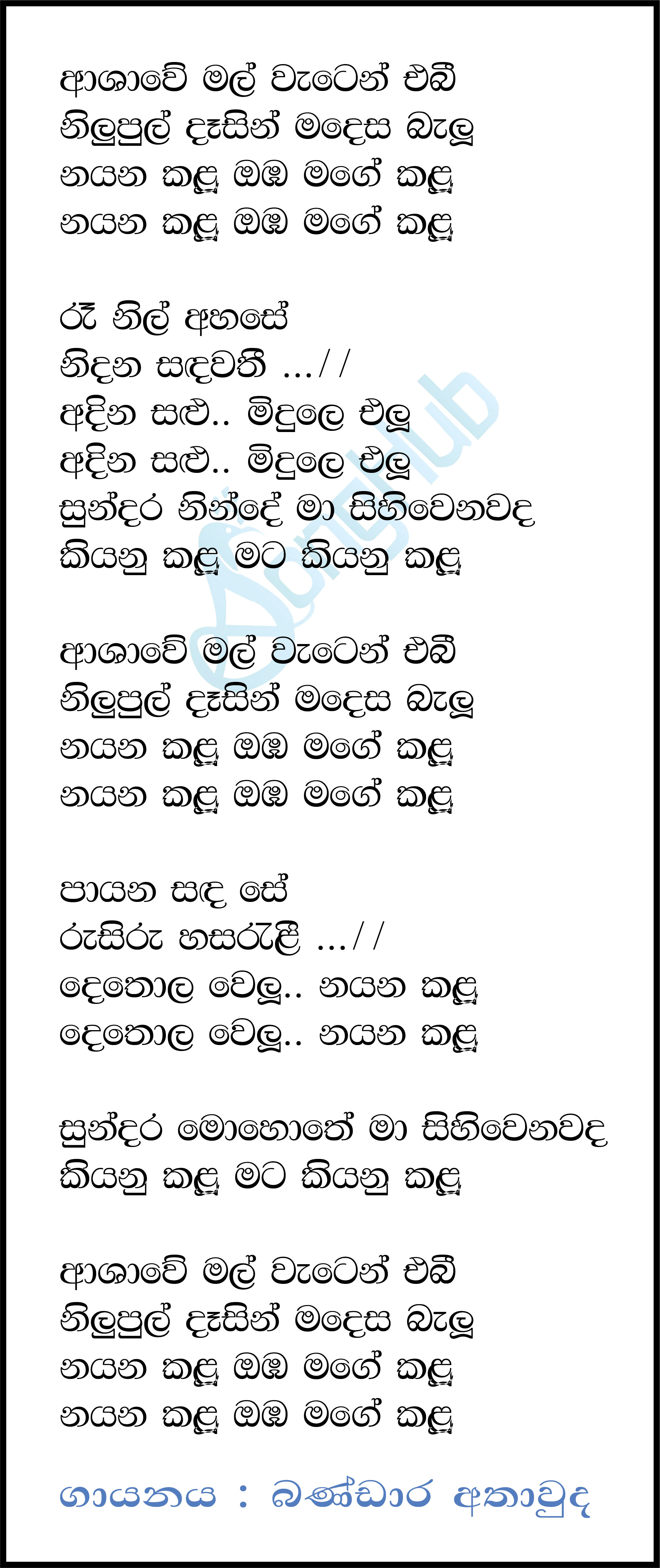 Ashawe Mal Waten Eha (Nayana Kalu) (Sandaru Suyamaya) Lyrics