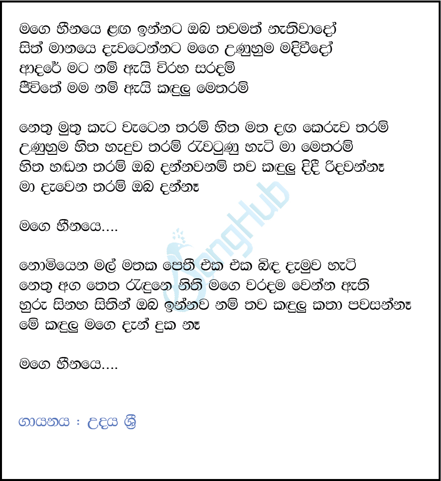 Mage Heenaye (Cover) Lyrics