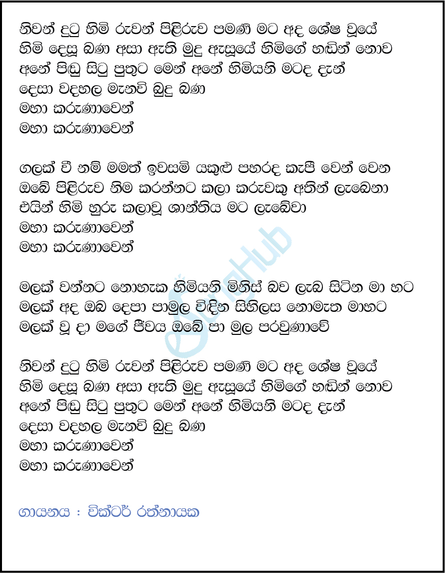 Niwan Dutu Himi Ruwan Piliruwa (Ahankara Nagare) Lyrics